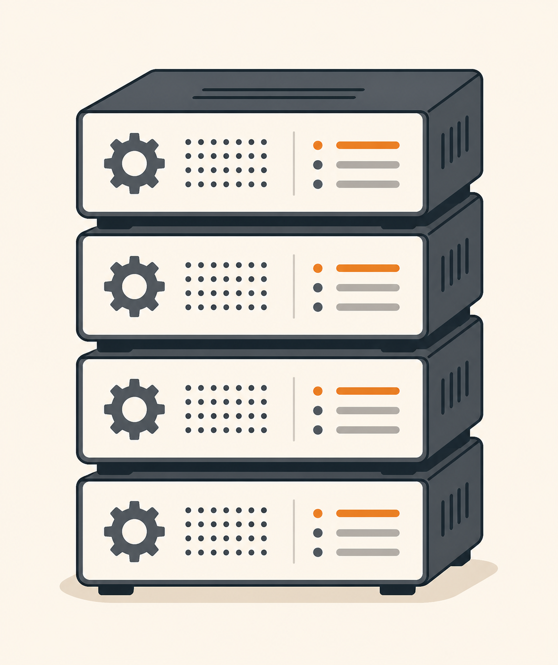 Stack of four server units with gear icons and status lights