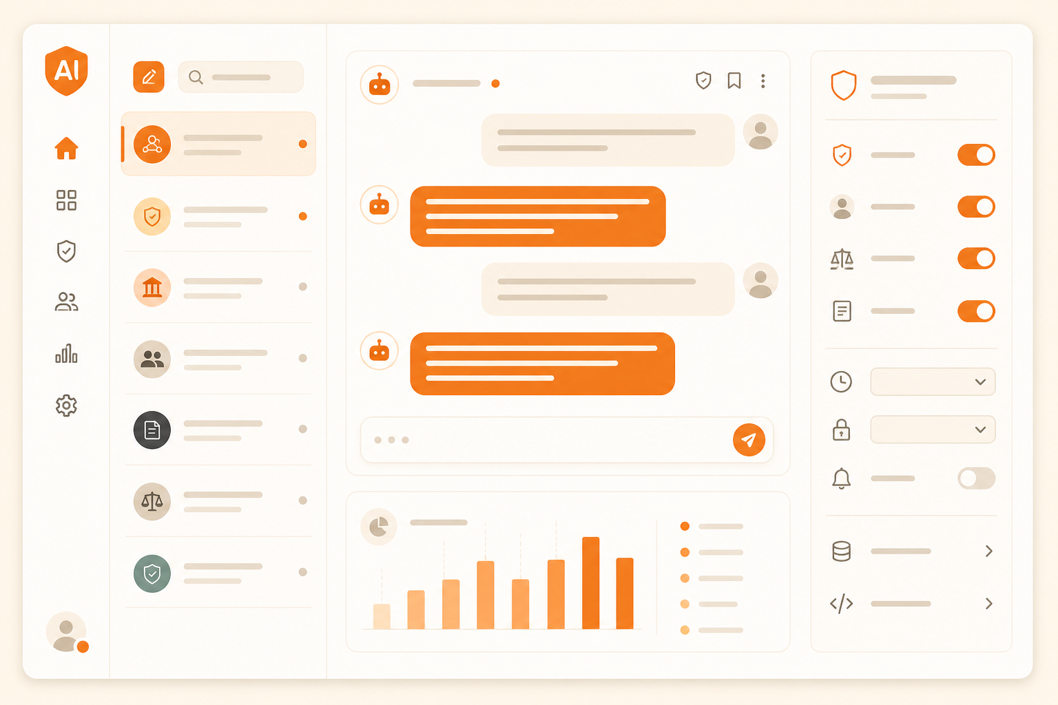 Stylized ocatis governance console: conversation sidebar, chat panel with model selector and usage chart, and a policy strip with Allow, Ask and Deny toggles